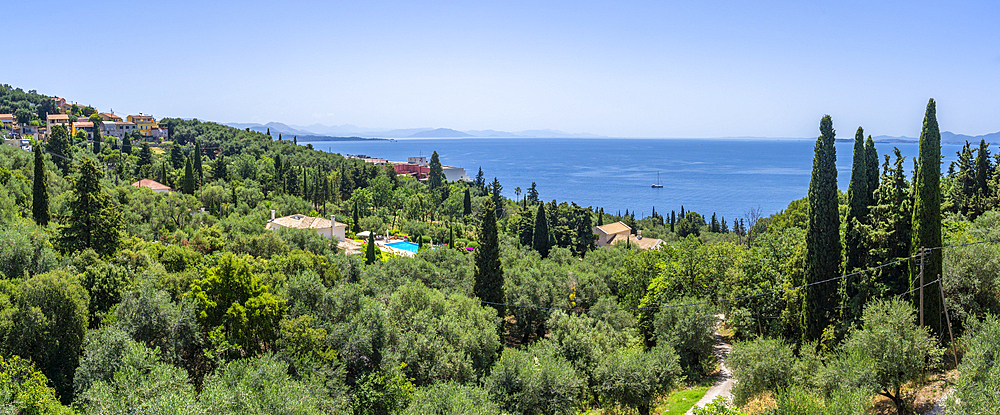 View of Ionian Sea and and coastline near Kassiopi, Kassiopi, Corfu, Ionian Sea, Greek Islands, Greece, Europe