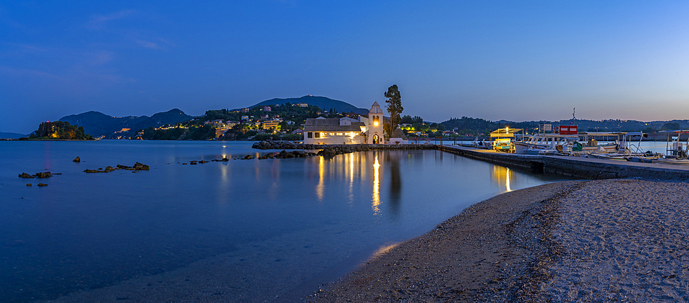 View of Holy Monastery of Panagia Vlacherna at dusk, Corfu, Ionian Sea, Greek Islands, Greece, Europe