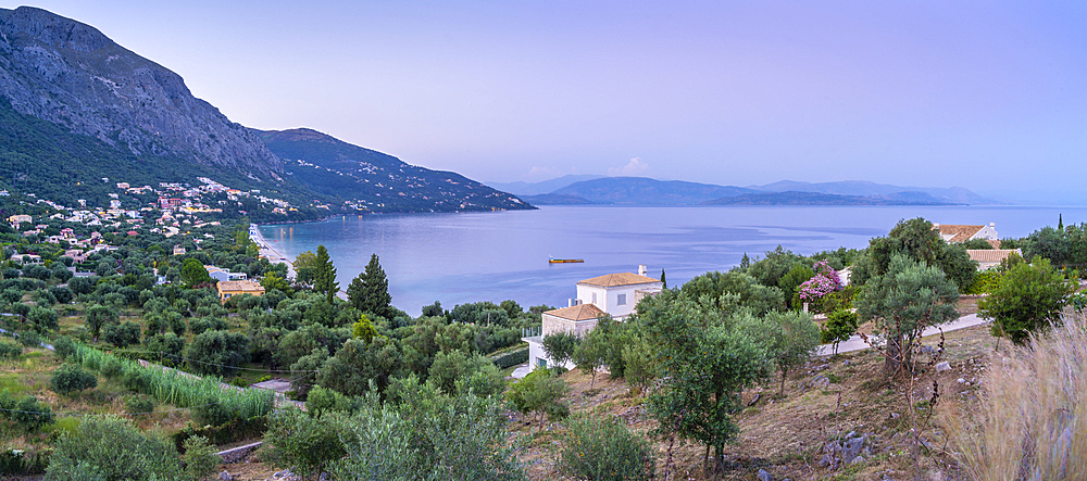 View of Ionian Sea and Paralia Mparmpati at dusk, Barbati, Corfu, Ionian Sea, Greek Islands, Greece, Europe