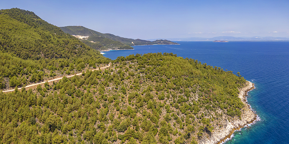 View of woodland and coastline near Chrysi Ammoudia, Thassos, Aegean Sea, Greek Islands, Greece, Europe