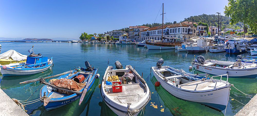 View of boats and harbour in Thassos Town, Thassos, Aegean Sea, Greek Islands, Greece, Europe