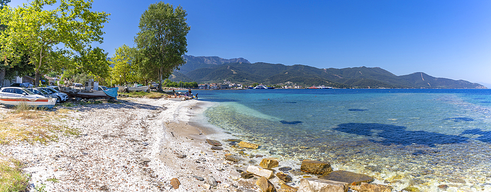 View of beach and sea in Thassos Town, Thassos, Aegean Sea, Greek Islands, Greece, Europe