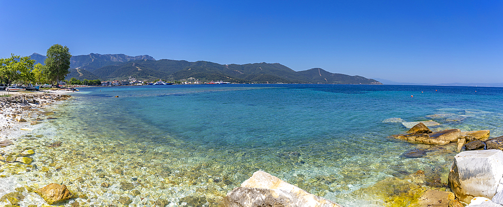 View of beach and sea in Thassos Town, Thassos, Aegean Sea, Greek Islands, Greece, Europe