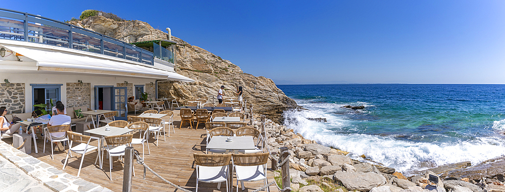 View of beach bar and sea in Thassos Town, Thassos, Aegean Sea, Greek Islands, Greece, Europe