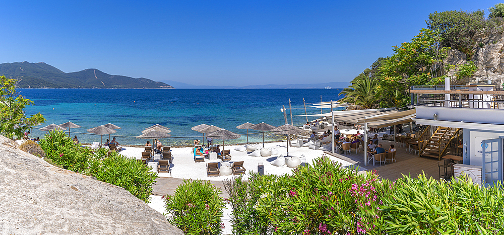 View of beach bar and sea in Thassos Town, Thassos, Aegean Sea, Greek Islands, Greece, Europe