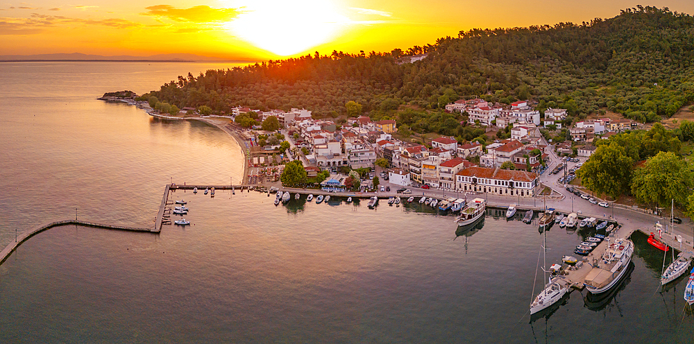 Aerial view of Thassos Town at sunrise, Thassos Town, Thassos, Aegean Sea, Greek Islands, Greece, Europe