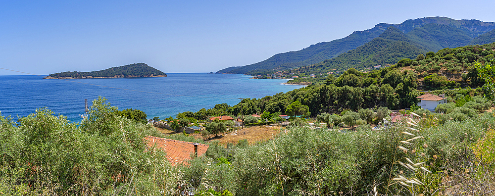 View of sea and coastline at Koinyra, Thassos, Aegean Sea, Greek Islands, Greece, Europe