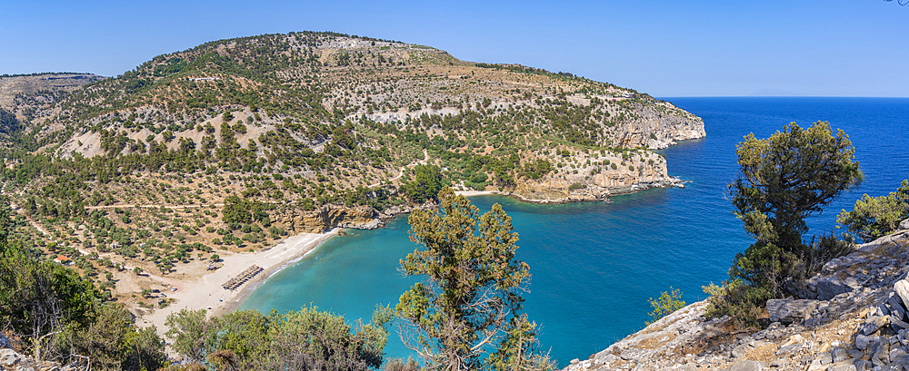 View of Livadi Beach and Holy Monastery of the Archangel Michael from Viewpoint Archangel Michael, Thasos, Thassos, Aegean Sea, Greek Islands, Greece, Europe