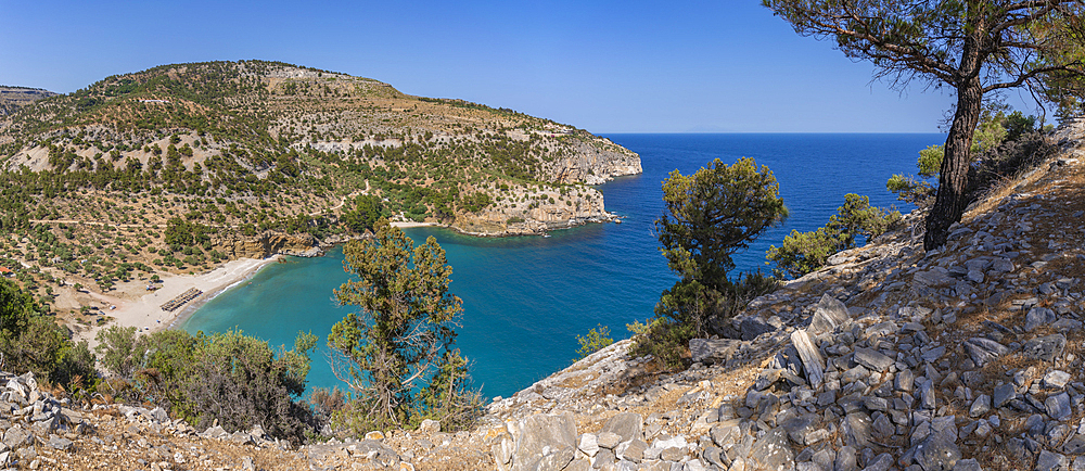 View of Livadi Beach and Holy Monastery of the Archangel Michael from Viewpoint Archangel Michael, Thasos, Thassos, Aegean Sea, Greek Islands, Greece, Europe