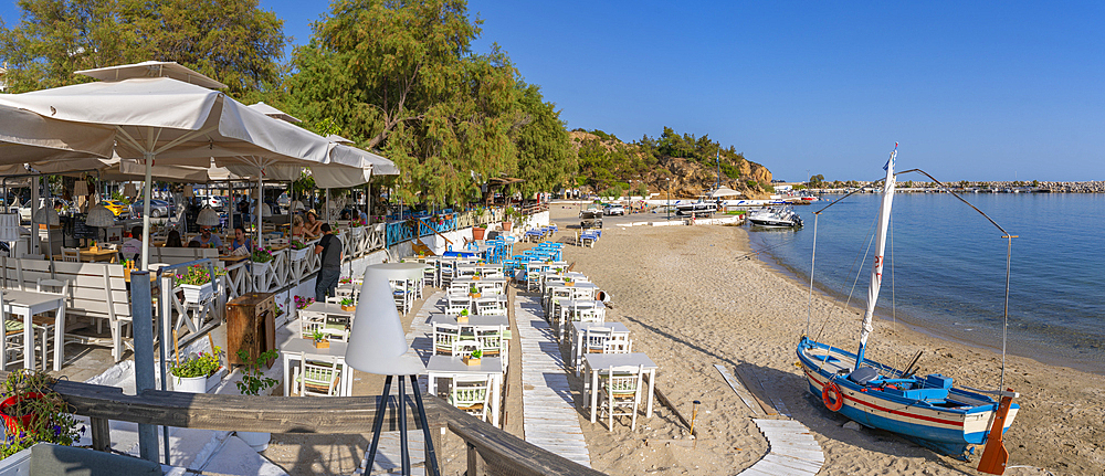 View of restaurants and cafes overlooking beach at Limenaria, Limenaria, Thassos, Aegean Sea, Greek Islands, Greece, Europe