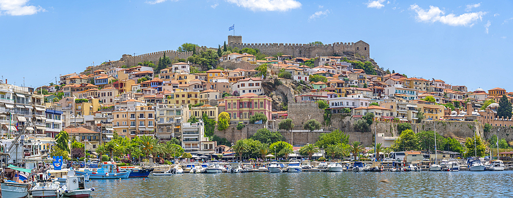 View of Kavala Fortress and boats in the port, Kavala, Dimos Kavalas, Eastern Macedonia and Thrace, Gulf of Thasos, Gulf of Kavala, Greece, Europe