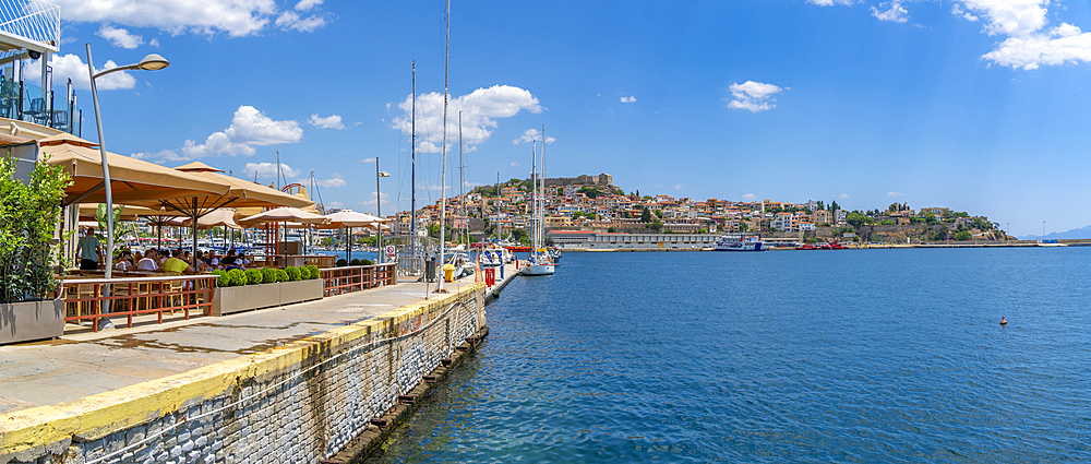 View of Kavala Fortress and boats in the port, Kavala, Dimos Kavalas, Eastern Macedonia and Thrace, Gulf of Thasos, Gulf of Kavala, Greece, Europe