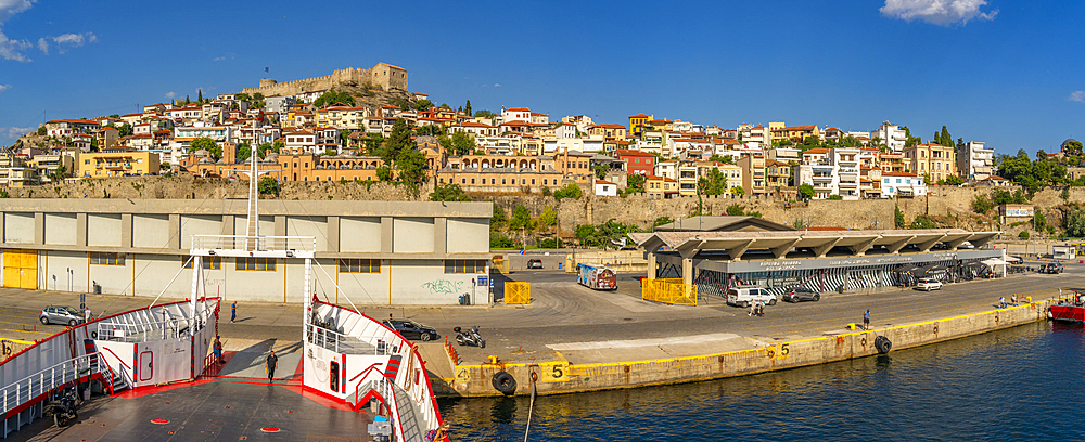 View of Kavala Fortress from ferry, Kavala, Dimos Kavalas, Eastern Macedonia and Thrace, Gulf of Thasos, Gulf of Kavala, Greece, Europe