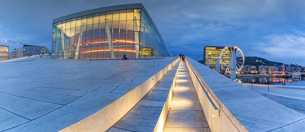 View of Oslo Opera House and Munch Museum at dusk, Oslo, Norway, Scandinavia, Europe