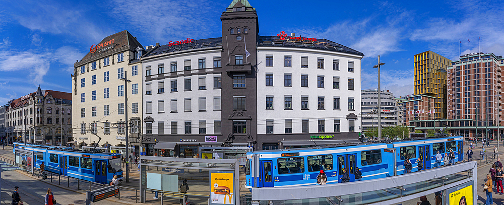 View of city tram and architecture in Jernbanetorget, Oslo, Norway, Scandinavia, Europe