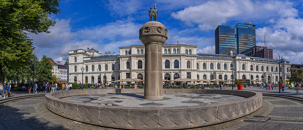 View of Sun and Earth and Grand Central Hotel in Christian Frederiks plass, Oslo, Norway, Scandinavia, Europe