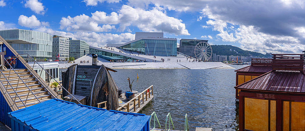 View of Opera House and harbourside saunas, Oslo, Norway, Scandinavia, Europe