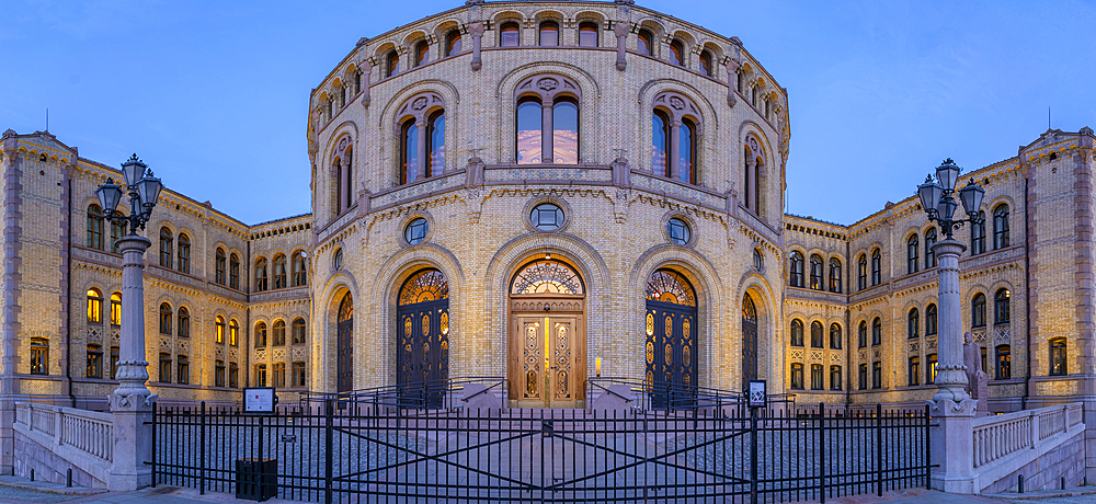 View of Norwegian Parliament at dusk, Oslo, Norway, Scandinavia, Europe