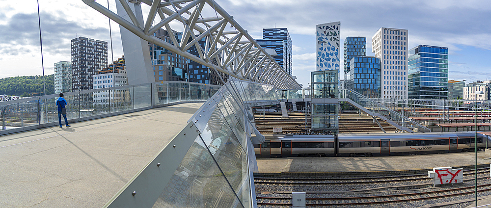 View of the Barcode buildings and Akrobaten bridge on a sunny day, Oslo, Norway, Scandinavia, Europe