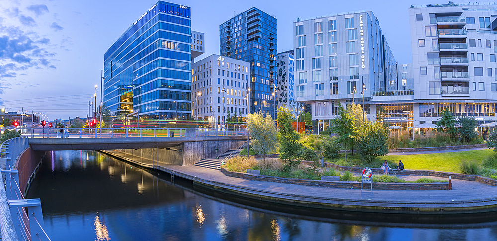 View of contemporary architecture in the Barcode area at dusk, Oslo, Norway, Scandinavia, Europe