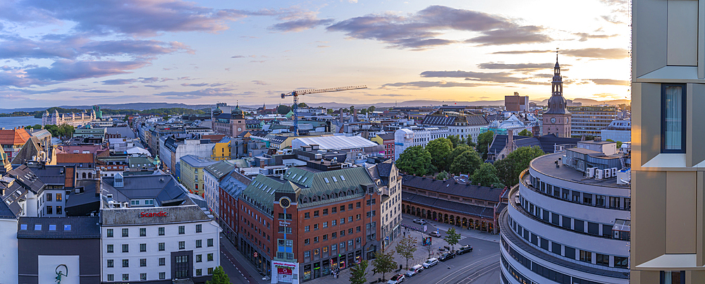 View of Oslo Cathedral and city skyline from elevated position at sunset, Oslo, Norway, Scandinavia, Europe