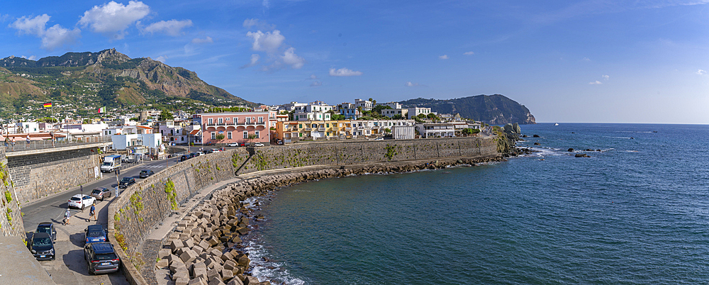 View of coastline from Chiesa del Soccorso church, Forio, Island of Ischia, Campania, Italy, Europe