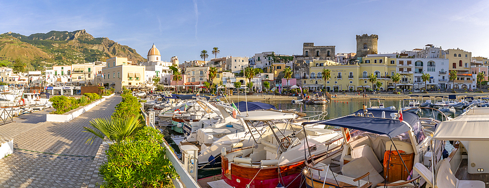 View of Marina and Torrione Castle Museum, Forio, Island of Ischia, Campania, Italy, Europe