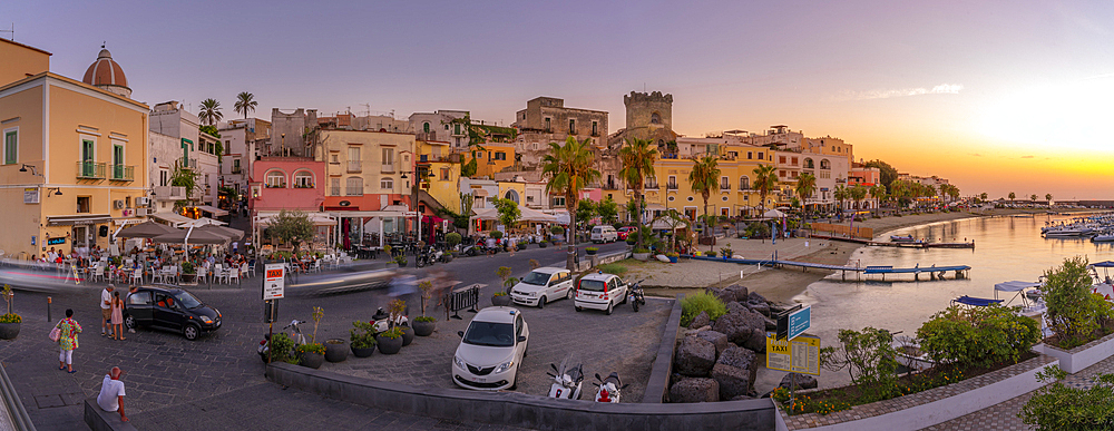 View of cafes and bars on Via Marina at sunset, Forio, Island of Ischia, Campania, Italy, Europe