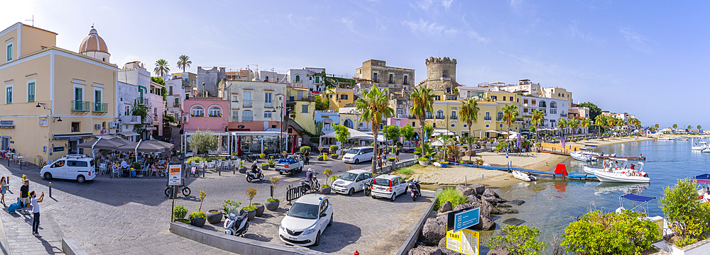 View of cafes and bars at the marina and Torrione Castle Museum, Forio, Island of Ischia, Campania, Italy, Europe