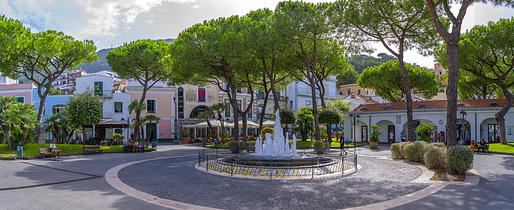 View of cafes and restaurants in Piazza Marina in Casamicciola Terme, Island of Ischia, Campania, Italy, Europe