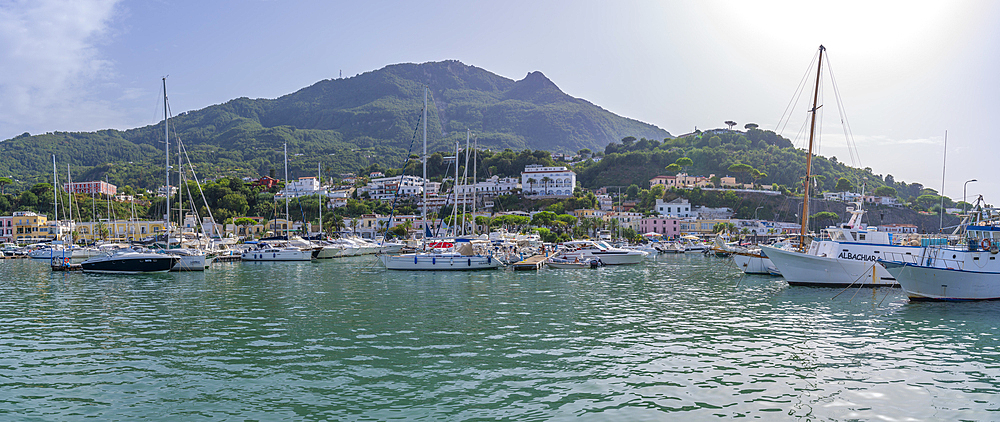 View of marina boats and town in Casamicciola Terme, Island of Ischia, Campania, Italy, Europe