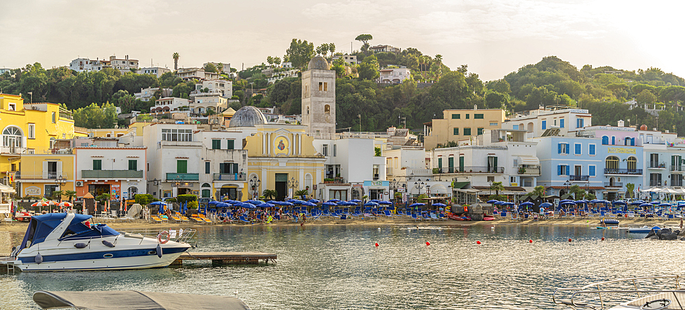 View of beach and town of Lacco Ameno, Island of Ischia, Campania, Italy, Europe