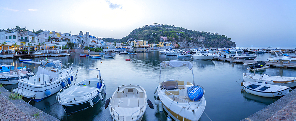 View of harbour and the town of Lacco Ameno at sunset, Island of Ischia, Campania, Italy, Europe