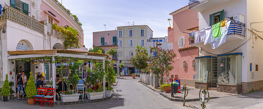 View of restaurants in Porto d'Ischia (Port of Ischia), Island of Ischia, Campania, Italy, Europe