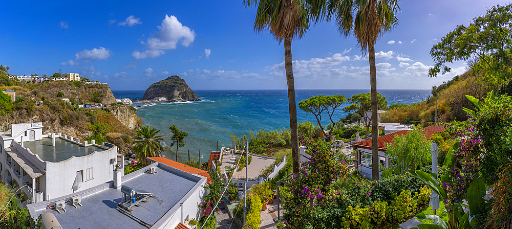 View of Torre di Sant'Angelo from elevated position in Sant'Angelo, Sant'Angelo, Island of Ischia, Campania, Italy, Europe