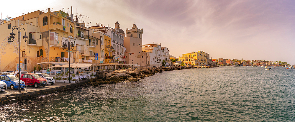 View of Duomo di Santa Maria Assunta and coastline, Port of Ischia, Island of Ischia, Campania, Italy, Europe