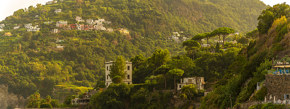 View of hills and villas near Aragonese Castle at sunset, Port of Ischia, Island of Ischia, Campania, Italy, Europe