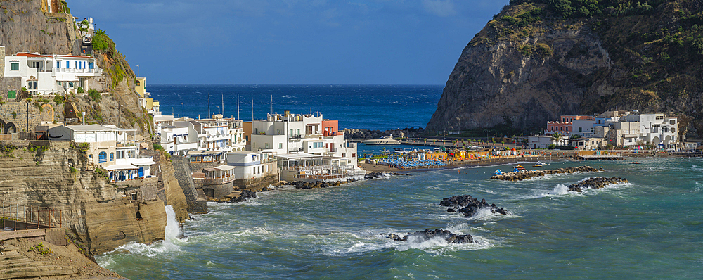 View of whitewashed buildings in the port from elevated position in Sant'Angelo, Sant'Angelo, Island of Ischia, Campania, Italy, Europe