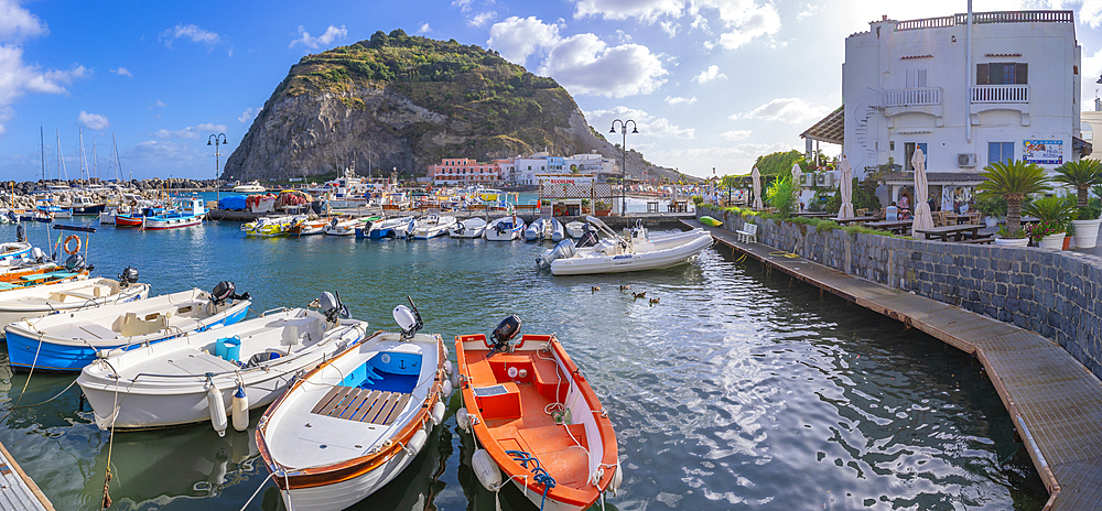 View of Torre di Sant'Angelo and boats in the port in Sant'Angelo, Sant'Angelo, Island of Ischia, Campania, Italy, Europe