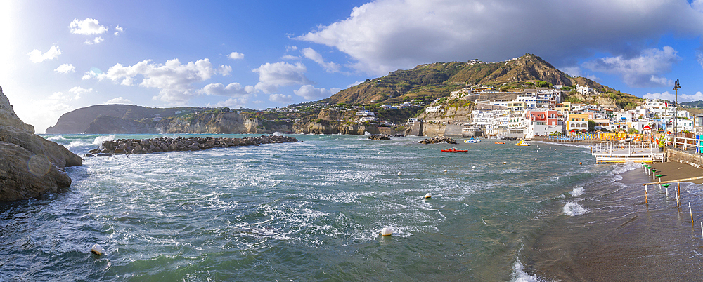 View of beach and Sant'Angelo from Porto di Sant'Angelo, Sant'Angelo, Island of Ischia, Campania, Italy, Europe