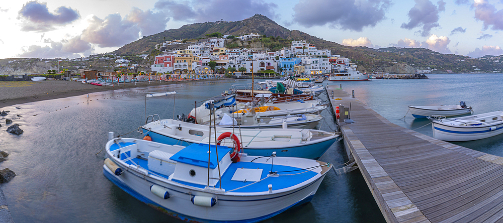 View of Sant'Angelo from Porto di Sant'Angelo at sunset, Sant'Angelo, Island of Ischia, Campania, Italy, Europe