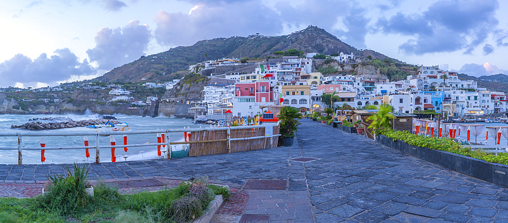 View of Sant'Angelo from Porto di Sant'Angelo at dusk, Sant'Angelo, Island of Ischia, Campania, Italy, Europe