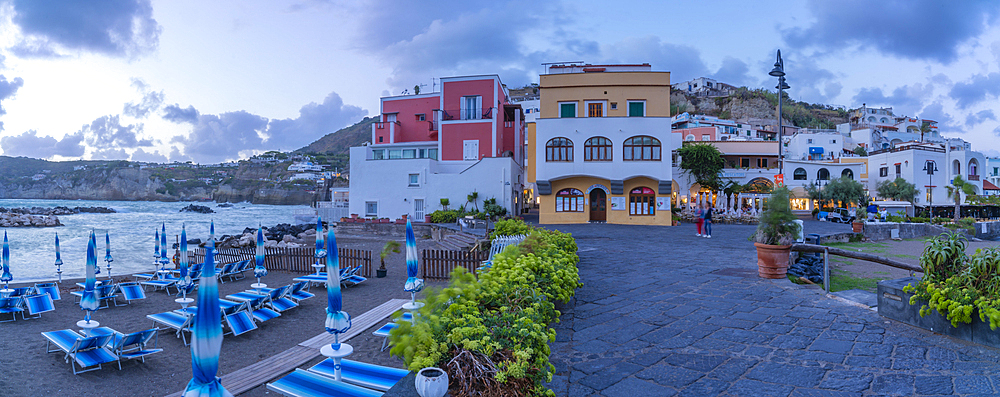 View of Sant'Angelo from Porto di Sant'Angelo at dusk, Sant'Angelo, Island of Ischia, Campania, Italy, Europe