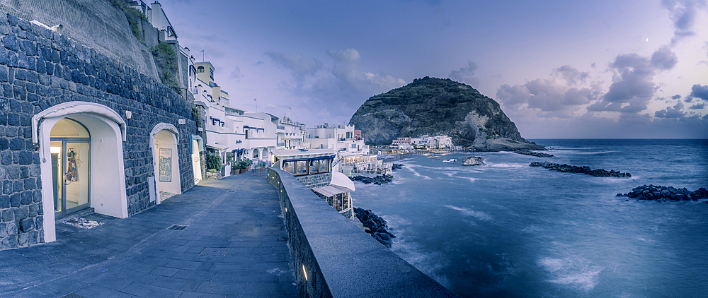 View of shop and town in Sant'Angelo at dusk, Sant'Angelo, Island of Ischia, Campania, Italy, Europe