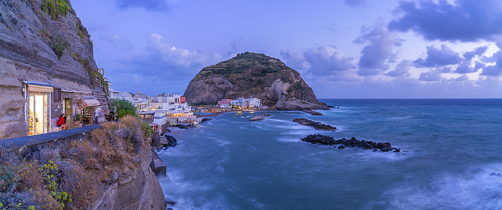 View of shop and town in Sant'Angelo at dusk, Sant'Angelo, Island of Ischia, Campania, Italy, Europe