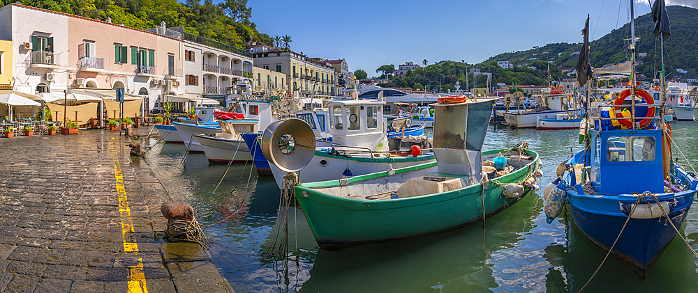 View of boats and restaurants in Porto d'Ischia (Port of Ischia), Island of Ischia, Campania, Italy, Europe