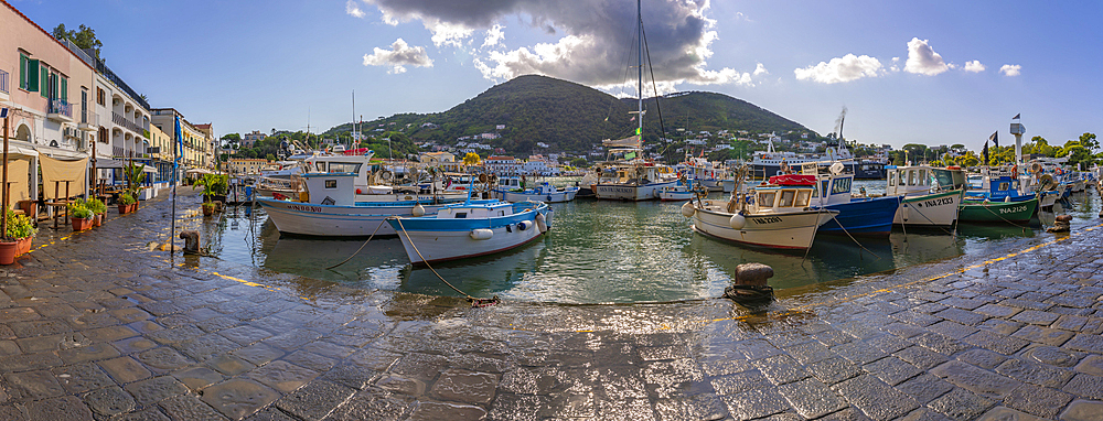 View of boats and restaurants in Porto d'Ischia (Port of Ischia), Island of Ischia, Campania, Italy, Europe