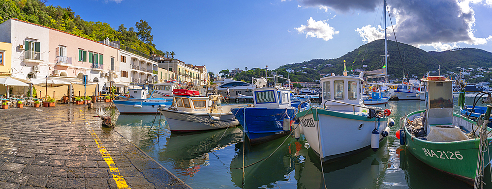 View of boats and restaurants in Porto d'Ischia (Port of Ischia), Island of Ischia, Campania, Italy, Europe