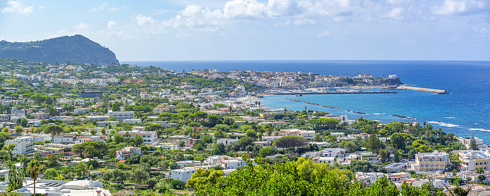 View of Forio from Giardini la Mortella Botanical Gardens, Forio, Island of Ischia, Campania, Italy, Europe