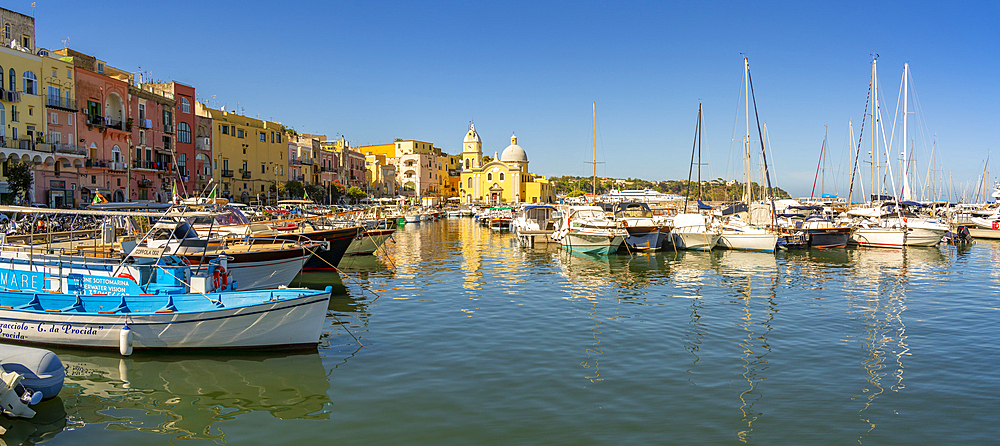 View of Church of Santa Maria della Pieta in the fishing port Marina Grande with boats, Procida, Phlegraean Islands, Gulf of Naples, Campania, Southern Italy, Italy, Europe